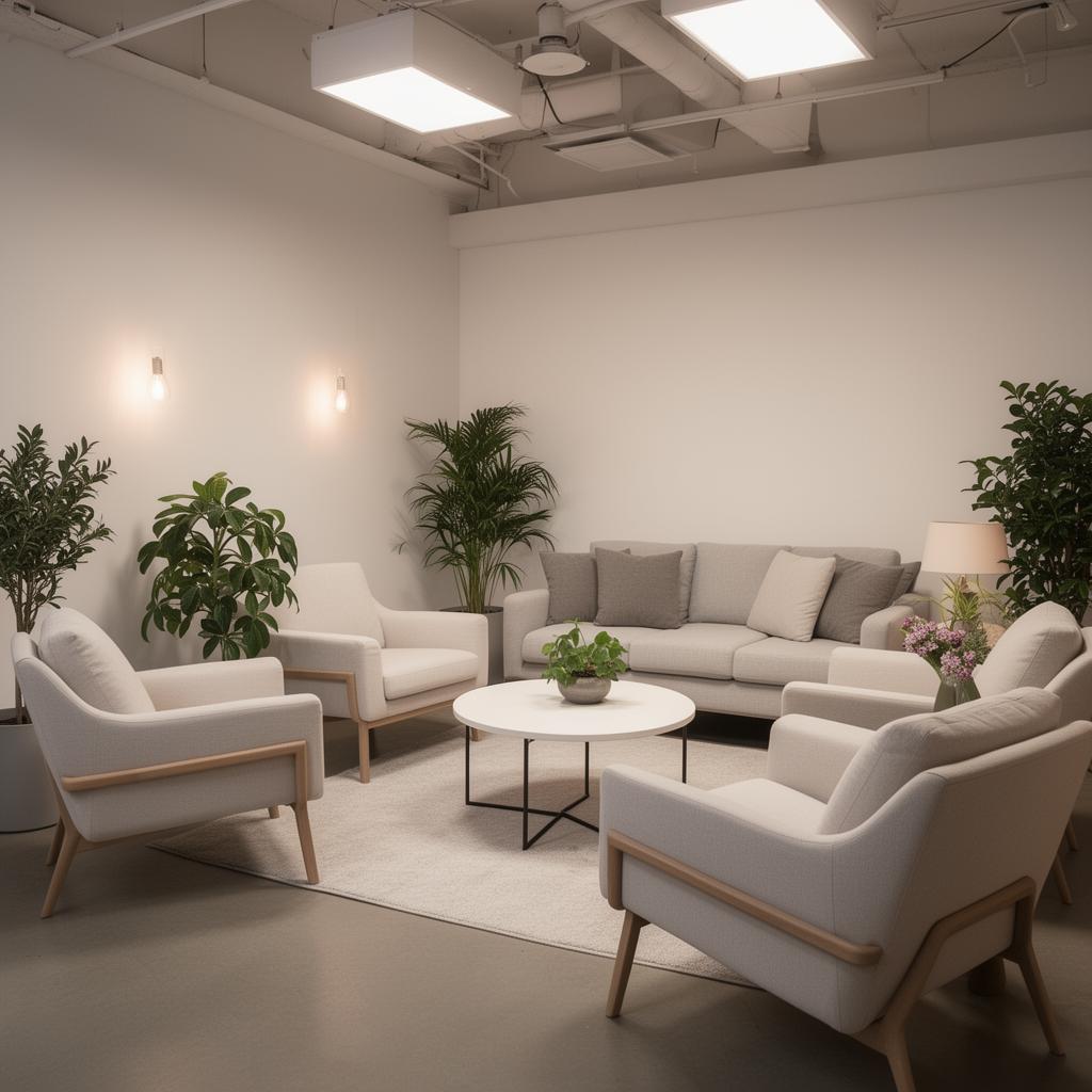 Comfortable studio lounge area with soft seating and calm atmosphere