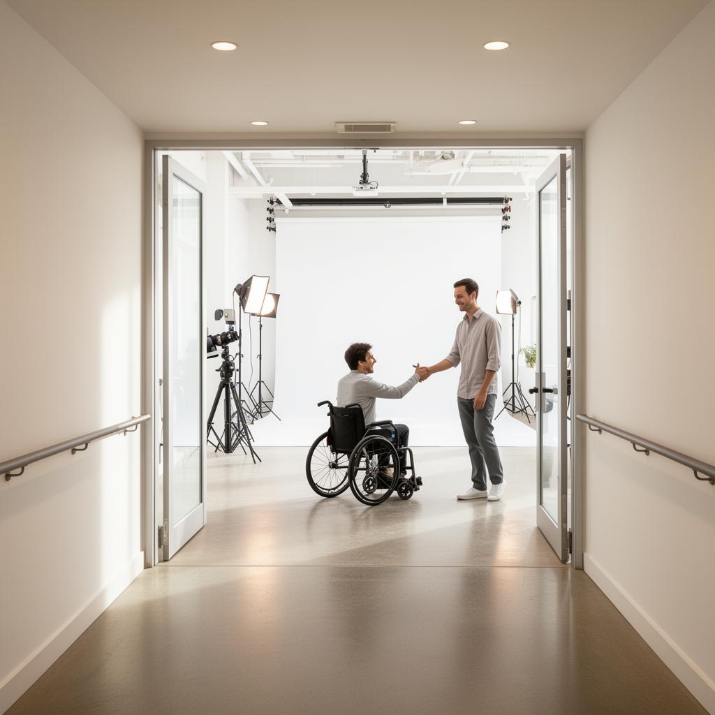 Wheelchair accessible studio entrance with friendly staff welcoming a visitor