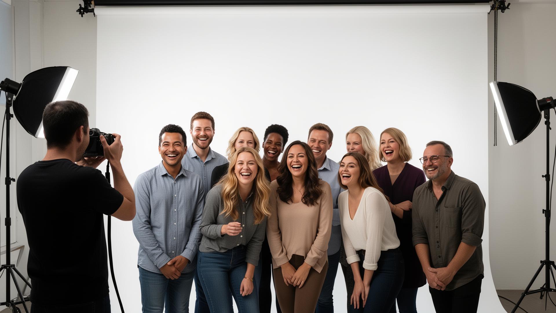 Team getting professional photos taken in a bright white studio